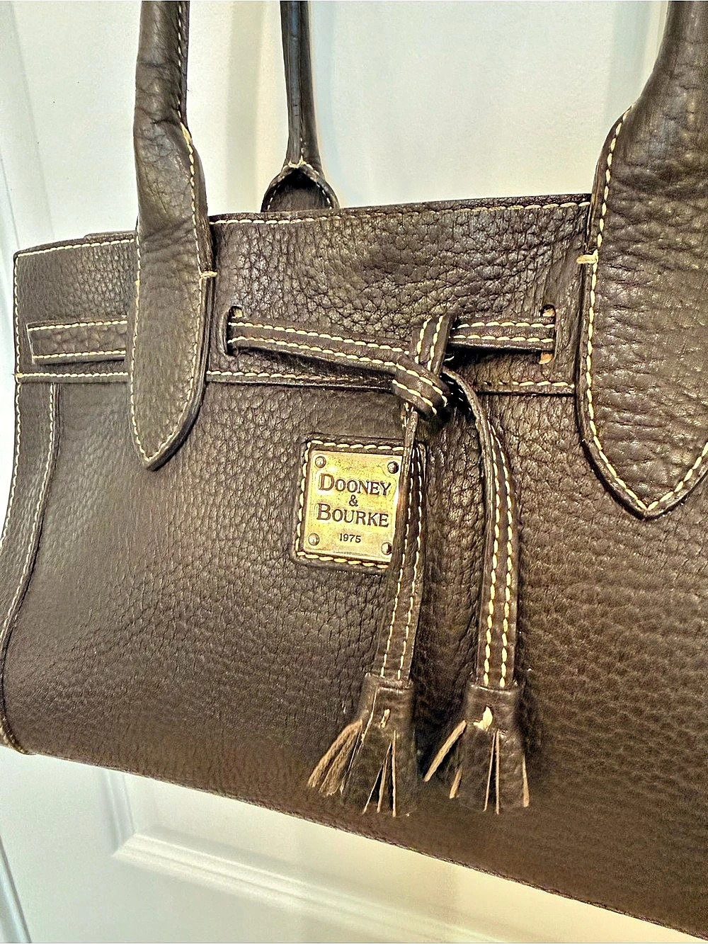 Dooney & Bourke Pebble Leather Double Strap Tassel Tote Brown